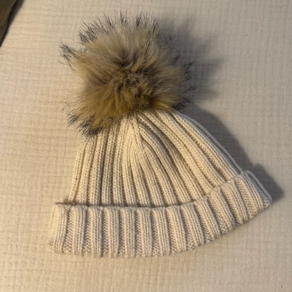 J. Crew Ivory Knit Beanie with Pom